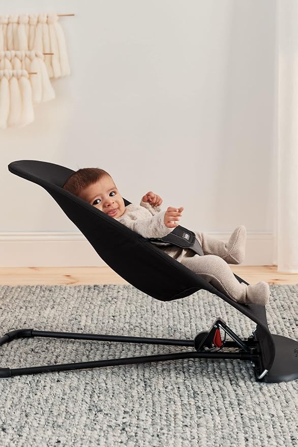 BabyBjörn Bouncer Balance Soft, Cotton, Black/Dark Gray | 2-in-1 Adjustable Baby Bouncer Seat and Toddler Chair, Newborn to Toddler (8-29 lbs), 4 Positions, Lightweight & Portable