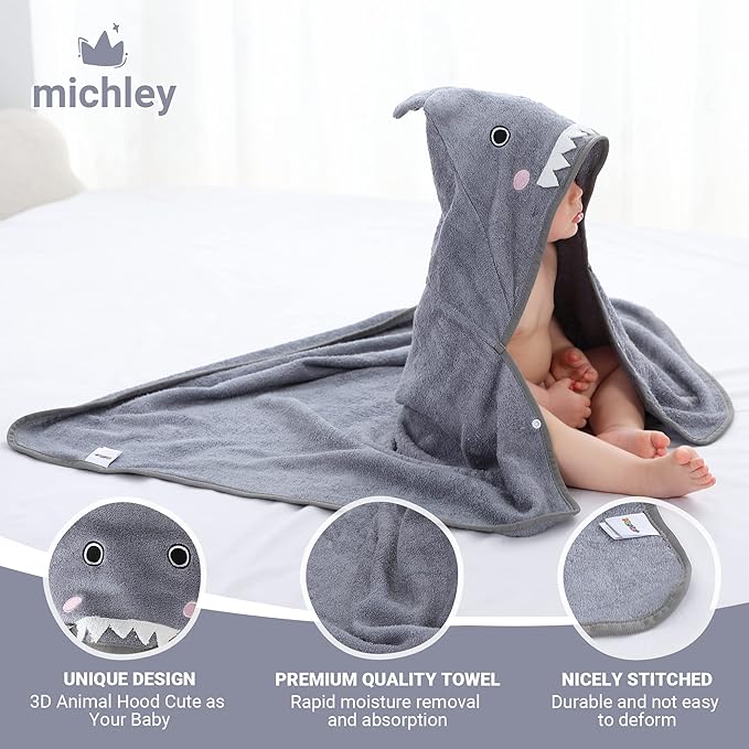 MICHLEY Bamboo Viscose Baby Hooded Bath Towel for 0-5 Years Boys and Girls, 29.5 x 39.5 Inch Ultra-Soft and Quick-drying Infant Bath(Shark)