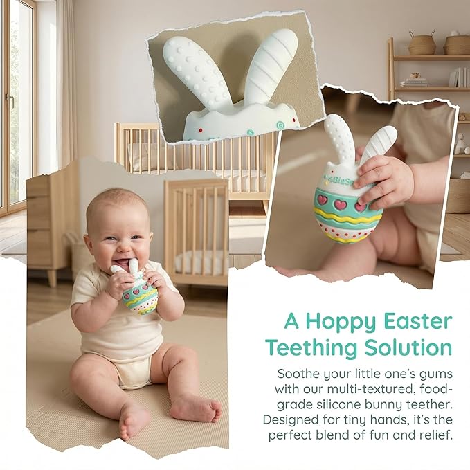 BIGSPINACH Easter Egg Baby Teether,Baby Teething Toy for Pain Relief,Silicone Bunny Rabbit Teether,Easter Gift for Babies,Sensory Toy for Boys & Girl (Light Green)