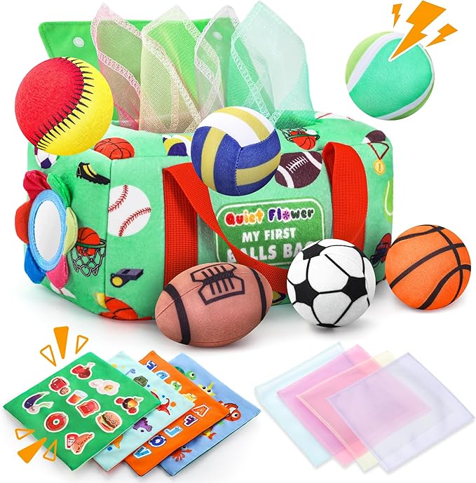 My First Sports Bag 6-12 Months Baby Tissue Box Toy, 17pcs Montessori Sensory Set: Plush Ball, Crinkle Paper, Scarves & Mirror, Squeaky Fine Motor 1 Year Old Infant Toddler Gifts Easter Basket Stuffer