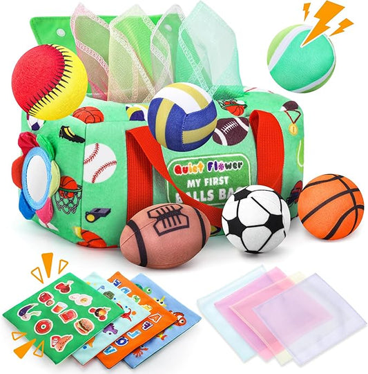 My First Sports Bag 6-12 Months Baby Tissue Box Toy, 17pcs Montessori Sensory Set: Plush Ball, Crinkle Paper, Scarves & Mirror, Squeaky Fine Motor 1 Year Old Infant Toddler Gifts Easter Basket Stuffer