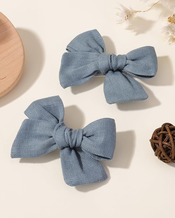 Jollybows 2pcs 3.2" Hair Bows Clips for Baby Girl Toddler Pigtail Neutral Linen Hair Clip Bows -Blue Denim