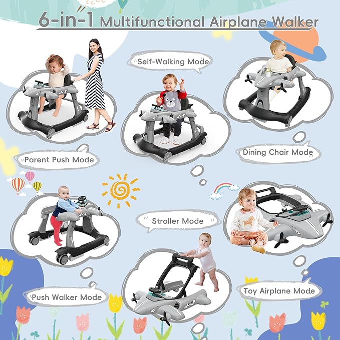 Betterhood 6-in-1 Foldable Baby Walker with Adjustable Height & Speed, Airplane-Themed Activity Push Walker with Music & Lights, Wheels, Anti-Slip Design, Suitable for Boys & Girls Aged 6-18 Months