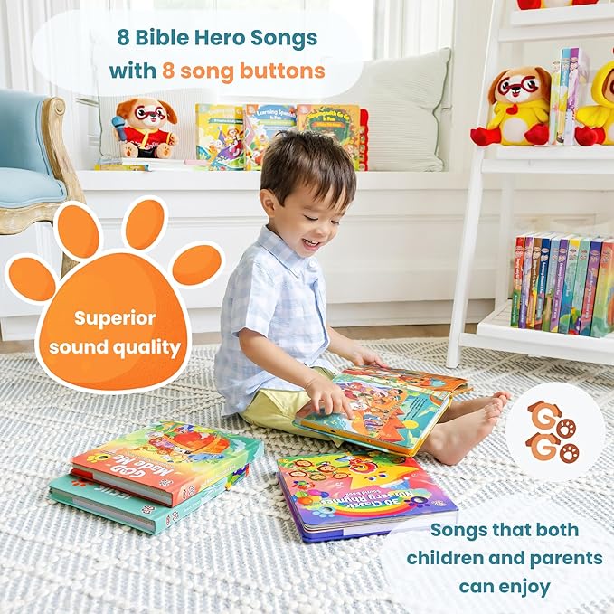 GO GO Bible Heroes Stories Songs Sound Book with 8 Songs, Singing Toy, Sound Play for Ages 1-5, Musical Learning, and Interactive Bible Gift for Kids, Bible for Toddlers 1-3