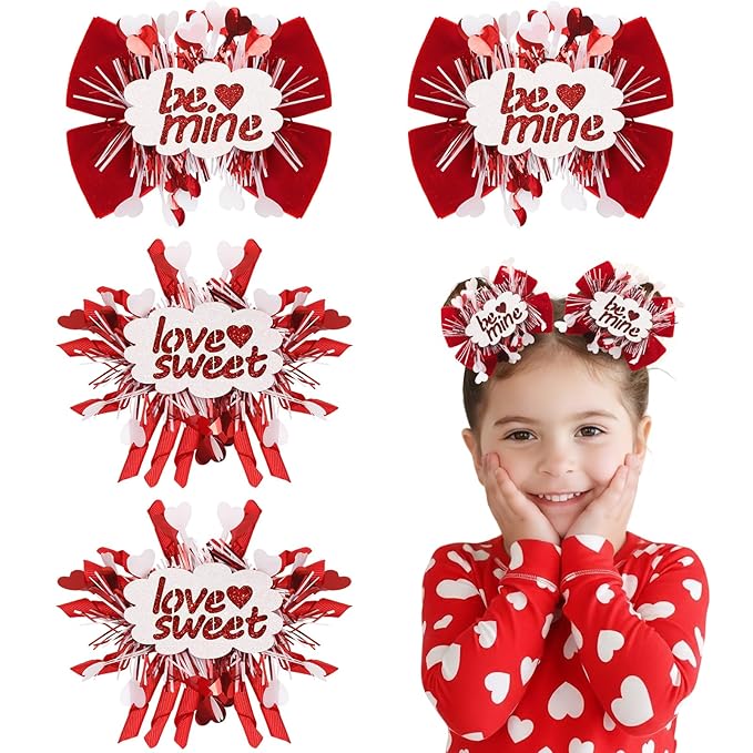 CN 4PCS Valentines Day Hair Bows for Girls Red Pink Love Heart Hair Clips Grosgrain Ribbon with Alligator Clips Hair Accessories for Kids Toddler Teens on Valentines Birthday