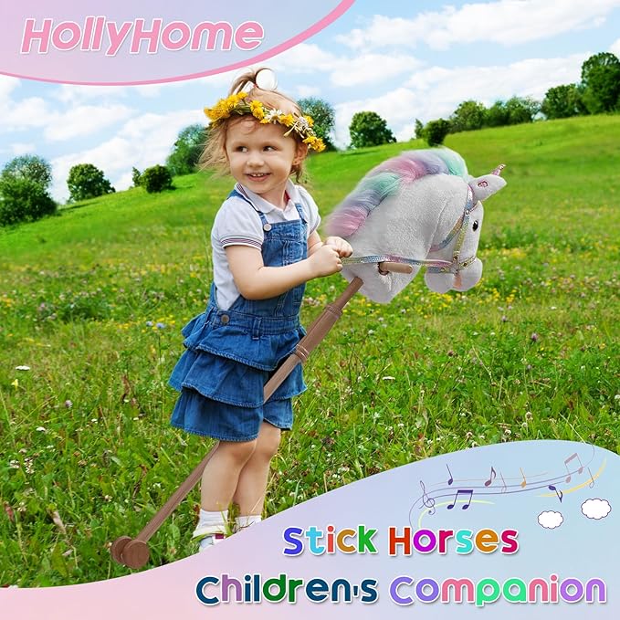 HollyHOME Unicorn Stick Horse with Wood Wheels Real Pony Neighing and Galloping Sounds Unicorn Hobby Horse with Rainbow Glitter Bridle, White 36 Inches(AA Batteries Required)