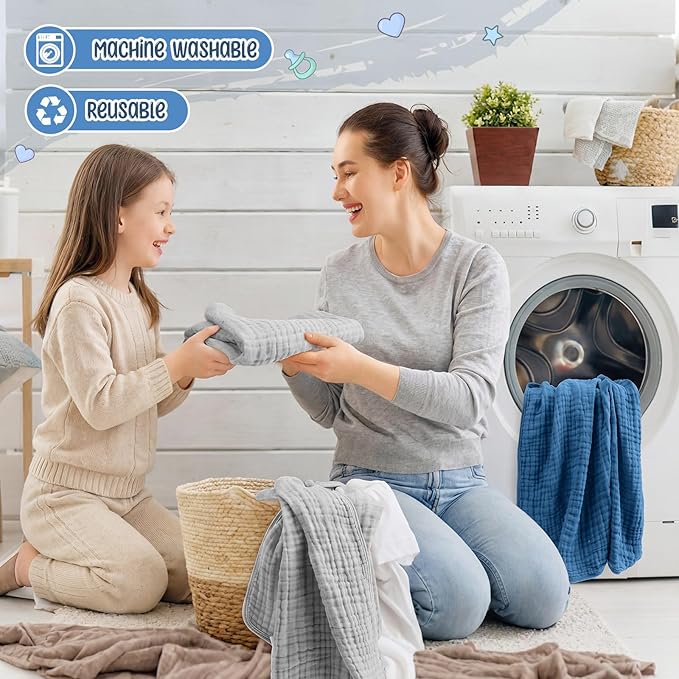 Breling 6 Pcs Muslin Hooded Baby Bath Towel, Hand Towels and Washcloth Set, 36"x 36" Cotton Newborn Bath Towel Cotton Absorbent Blanket Unisex Newborn Gift Essentials for Girl Boy (Blue,Grey)