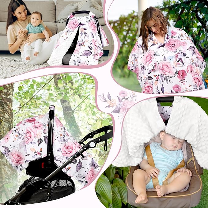 Baby Car Seat Cover, Breathable Infant Carseat Cover for Summer Peekaboo Opening Car Seat Canopy Cover, Nursing Cover for Baby Boys Girls (Pink Floral)