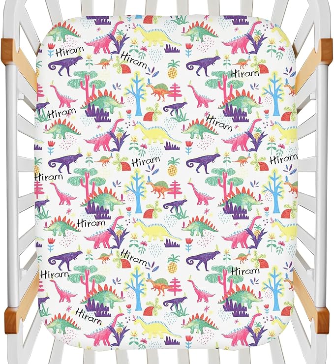 Personalized Dinosaur Mini Crib Fitted Sheet for Baby Boys, Custom Pack and Play Sheets with Name, Customized Name Multiuse Sheets for Pack & Play, Playard, Playpen, Mini Crib Mattress