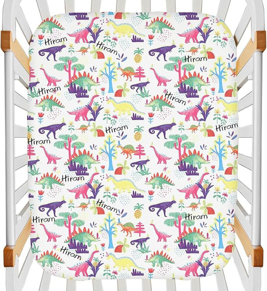 Personalized Dinosaur Mini Crib Fitted Sheet for Baby Boys, Custom Pack and Play Sheets with Name, Customized Name Multiuse Sheets for Pack & Play, Playard, Playpen, Mini Crib Mattress