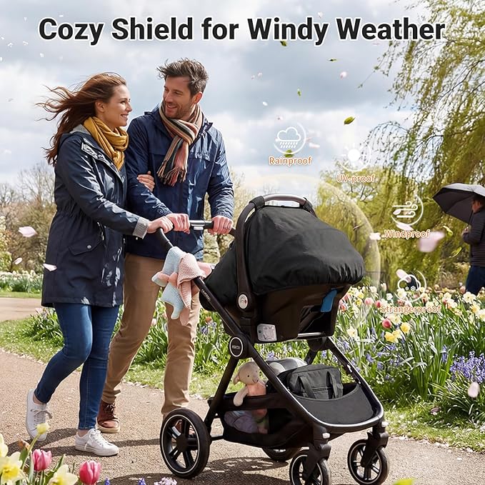 Rquite Car Seat Cover Baby, Carseat Covers Boy Girl, 2 Layers Window -Breathable Mesh & Wind/Sun Shade, Infant Car Seat Canopy Baby Carrier/Stroller Cover, Fit Spring, Fall, Winter, Cold Weather