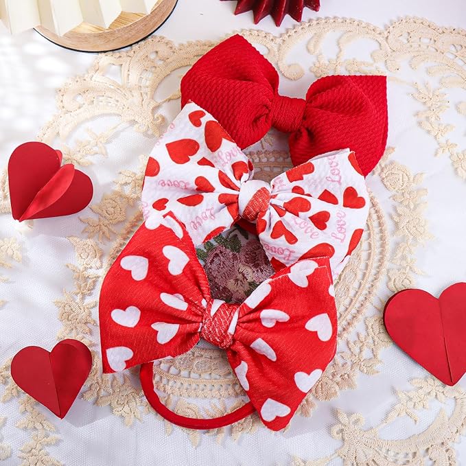 Baby Girl Bows Valentines Headbands Red Love Heart Hairbands 4.5'' Hair Bow Elastic Nylon Hairbands Hair Accessories for Newborn Infant Toddler 3Pcs