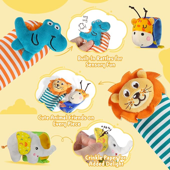 URMYWO Wrist Rattles for Baby - Rattle Socks - Foot Finder Set - Baby Toys for 0-12 Months Infant - Newborn Essentials - Early Learning Sensery Toys for Boy Girl as Shower Gifts Easter Basket Stuffer