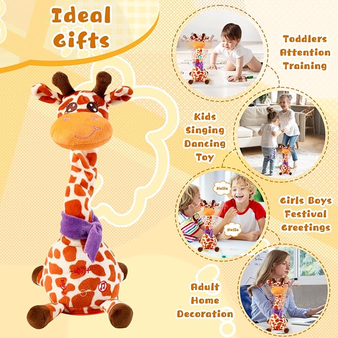 JISONCASE Talking Dancing Giraffe Baby Toy, Adjustable Volume Tummy Time Toy Repeating What You Say, Singing Mimicking Recording Sensory Education for Toddlers Boy Girls