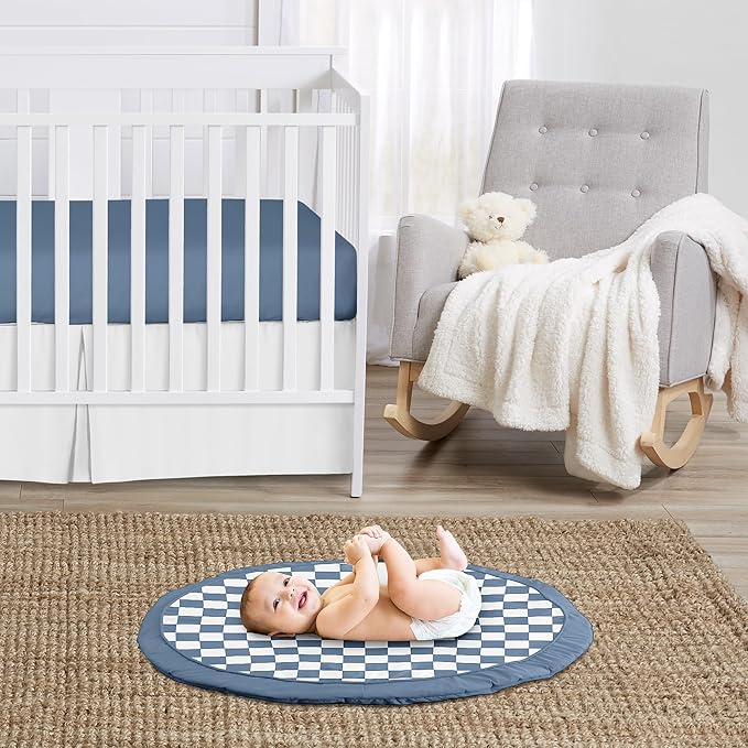Sweet Jojo Designs Baby Play Mat (Blue Gingham Checkered Plaid) for Boys, Infant, Toddler Tummy Time Activity Floor Playmat (Vintage, Classic Checkerboard, Geometric, Minimalist, Retro, Slate & Steel)