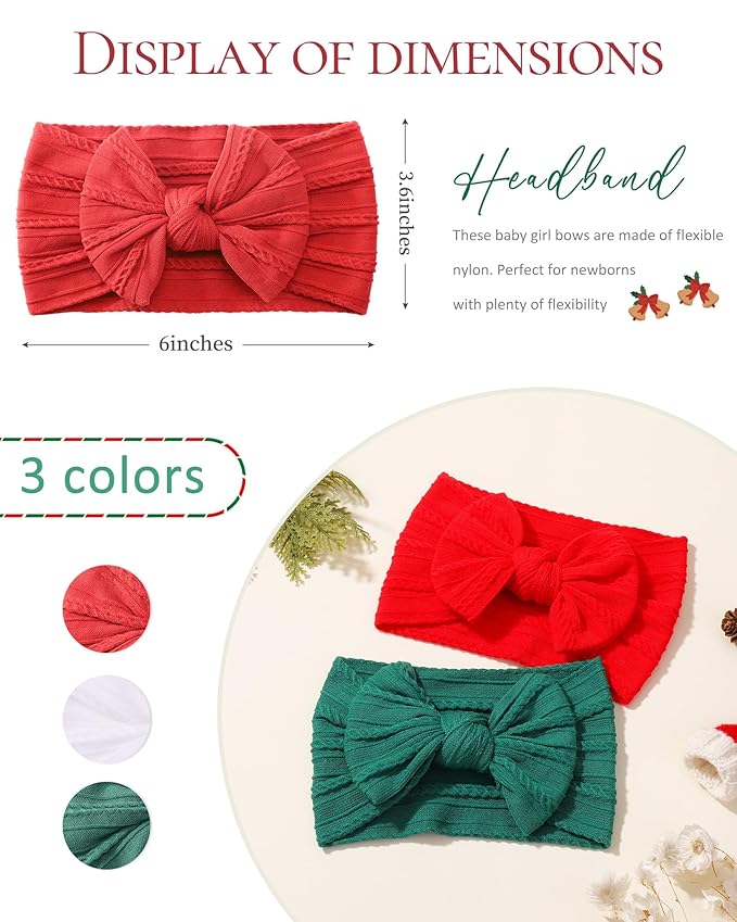 jollybows Baby Girl Headband Christmas Bows Nylon Head Wraps Newborn Hairbands Infant Toddler Hair Bow (4- Red Green White- Merry Christmas)