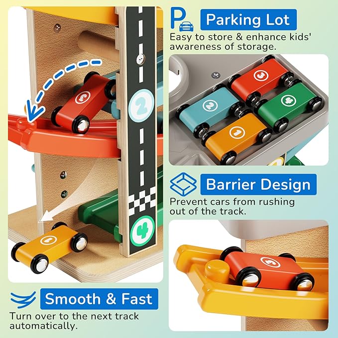 Wooden Car Ramp Race Track 2-in-1 Pound Ball Toddler Toy Ball Drop Baby Toy Set Gift for 1 2 3 Year Old Boys Girls Montessori Developmental Learning Activity Interactive Birthday Present