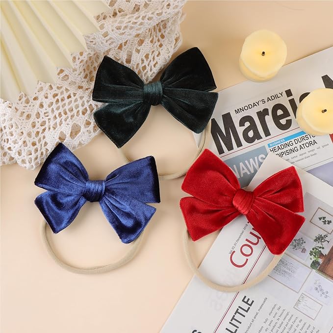 Baby Girls 4" Velvet Hairband Handmade Tied Bow Elastic Nylon Hair Accessories, 3 Pcs Red, Green, Dark Green