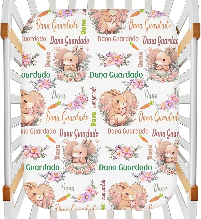Personalized Pack and Play Sheets with Name, Custom Cute Bunny Rabbits Mini Crib Fitted Sheet for Baby Girls, Customized Multiuse Sheets for Pack & Play, Playard, Playpen, Mini Crib Mattress