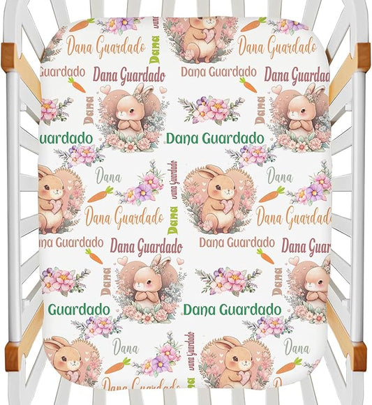 Personalized Pack and Play Sheets with Name, Custom Cute Bunny Rabbits Mini Crib Fitted Sheet for Baby Girls, Customized Multiuse Sheets for Pack & Play, Playard, Playpen, Mini Crib Mattress