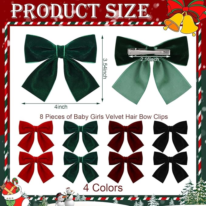 8 Pcs Velvet Hair Bows for Girls, 4" Christmas Hair Bows with Alligator Clips Christmas Bow Hair Accessories Stocking Stuffers for Girls Toddler Kids