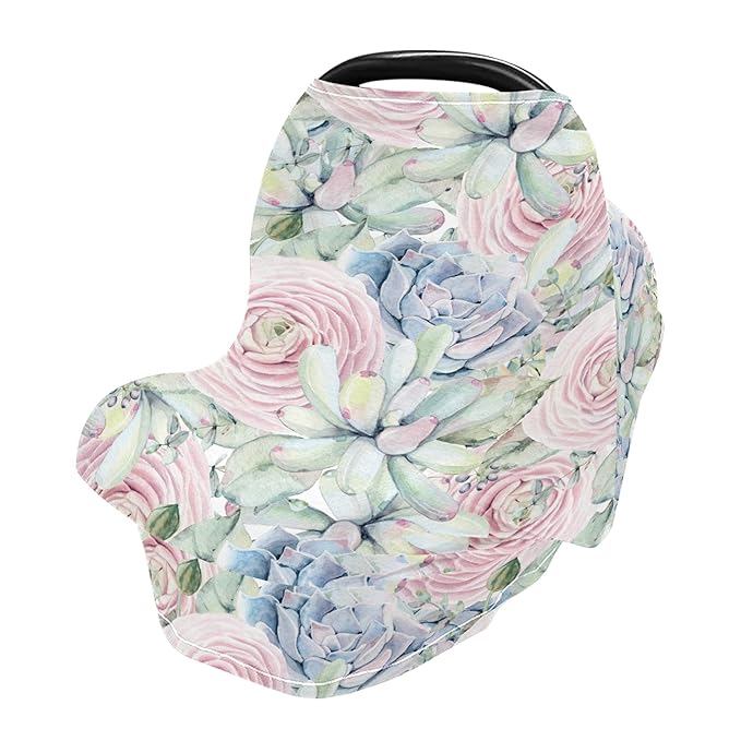 Watercolor Succulents Rose Pattern Pastel Pink Succulent Plant Stretchy Baby Car Seat Cover Infant Canopy Nursing Covers Breastfeeding Cover Breathable Windproof Winter Scarf for Boys Girls