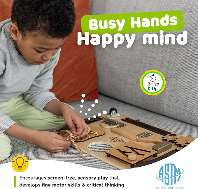 deMoca Sensory Busy Board for Toddlers, Premium Wooden Toddler Busy Board for 1 2 3 Year Old with 10 Educational Activities for Fine Motor Skills, Fidget Activity Toy for Travel