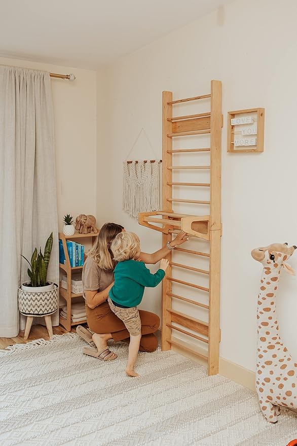 WOOD&ROOM Indoor Montessori Swedish Stall Bars Climbing Wall for Toddlers with Climber Ramp Wooden Swedish Ladder Stall Bars Climber for Kids Gymnastic Wall (no Slide)