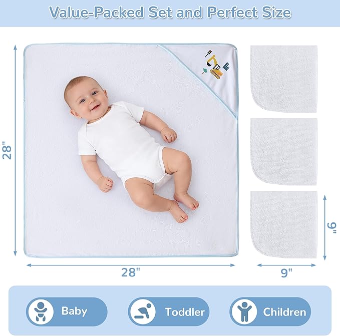 Viviland 6 Pcs Hooded Baby Towels and Washcloths Set, Super Gentle Bath Towels for Newborn Face & Body, Absorbent Wash Cloth for Infants Boys, Grey-Excavator Pattern, 28 x 28 inch