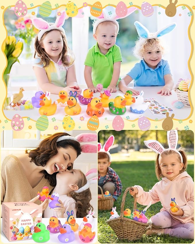 24 Pcs Easter Rubber Ducks, Assortment Duckies in Bulk for Ducking, Mini Rubber Duckies for Kids Baby Bath Pool Toys, Floater Duck Easter Basket Stuffers and Party Favors