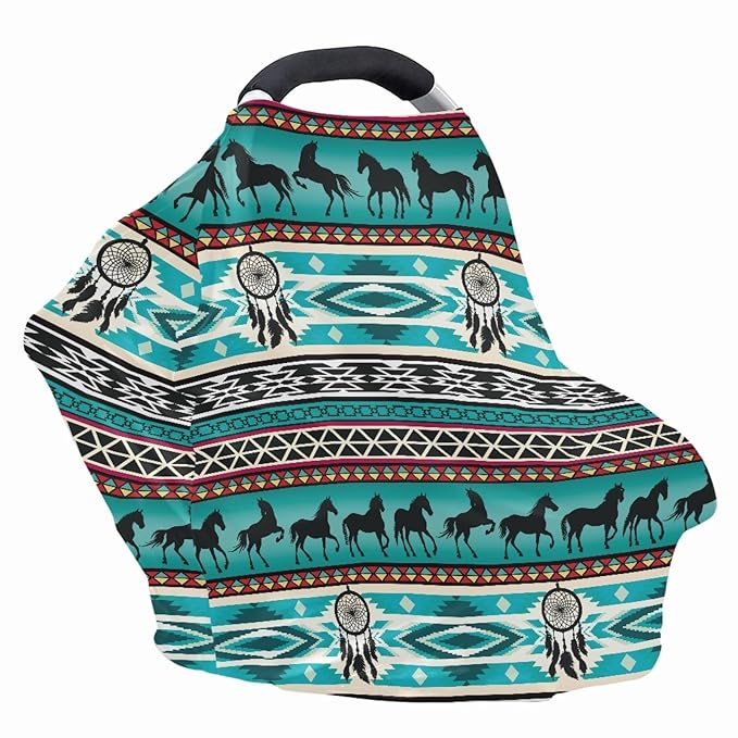 AFPANQZ Aztec Horses Retro Nursing Cover Breastfeeding Scarf Baby Car Seat Covers for Boys Girls Infant Carseat Canopy Stretchy Soft Breathable Cover Up for Stroller High Chair Turquoise Green
