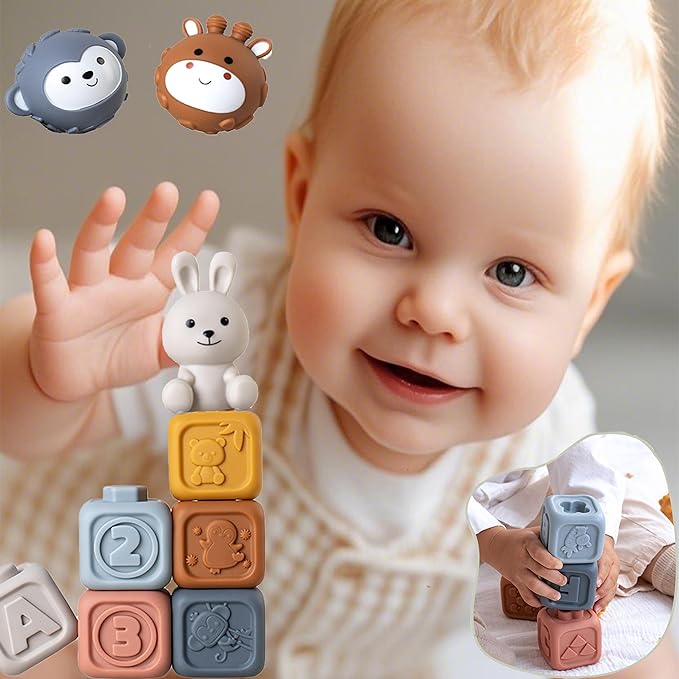 3 in 1 Baby Toys Bundle,Soft Stacking Building Blocks,Teething Ring & Sensory Balls for Newborn to 18 Months| Soft Textured Design,Perfect for Sensory Development, Motor Skills (Family Edition)