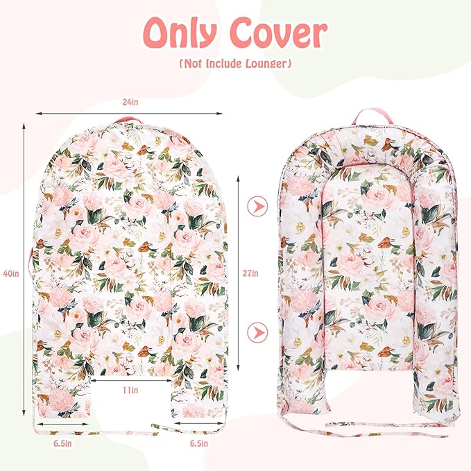 DILIMI Baby Lounger Cover, Cotton Baby Nest Replacement Cover for Girls Boys, Soft Breathable Reversible Newborn Lounger Cover, Pink Floral (Only Cover)