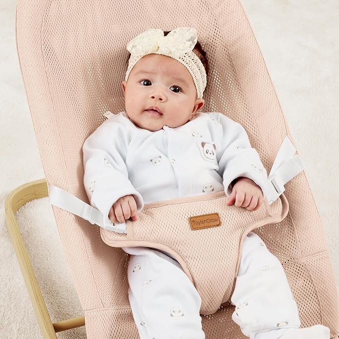 Foldable Baby Bouncer, Baby Seat with 3 Adjustable Heights, Portable Newborn Rocker, Ergonomic Baby Bouncer Seat for Natural Bounce, Bouncer for Babies 0-6 Months, Breathable Mesh (Pink)