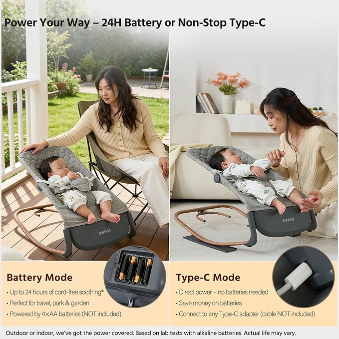 VaVaSoo 2-in-1 Electric Baby Rocker & Toddler Chair (up to 40 lbs), Dual Powered (Type-C or Battery), Motion Sensing Auto-Rocking Adjustable Support Bar for Stationary Seat, Music & Timer