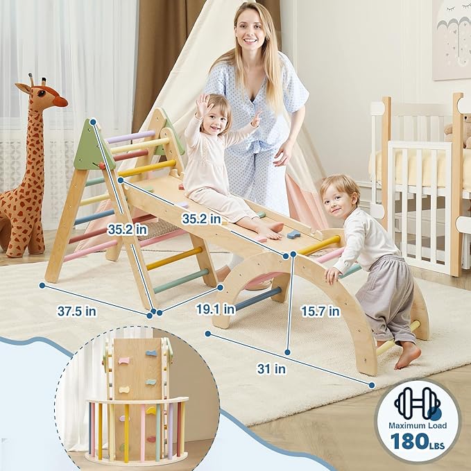 Foldable Pikler Triangle Climbing Set Wooden 7 in 1 Montessori Climber Toys for Toddlers 1-3 Baby Jungle Gym Indoor Slide Playground with Ramp/ Arch/ Ladder Large Kids Activity Center Boy & Girl Gift