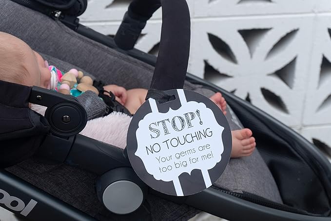 (Three Little Tots) No Touching Baby Car Seat and Stroller Two Pack- Baby Safety No Touching Car Seat Sign, Stroller Sign, Newborn Car Seat Tag- CPSIA Safety Tested (Woodlands/Black White)
