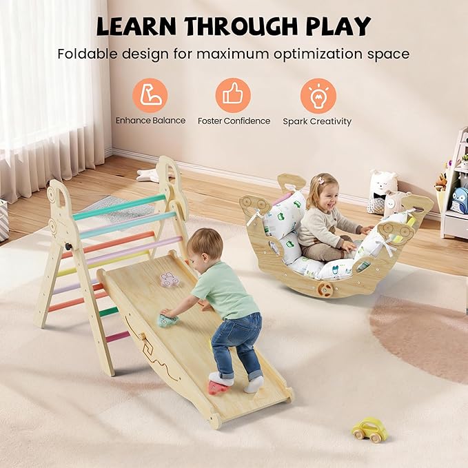Pikler Triangle Climbing Set with Cushion, Foldable Climbing Toys Indoor, Montessori Toddler Gym, 10-in-1 Climber & Playground, Gift for Christmas, Birthday, New Year (Rainbow Valley)