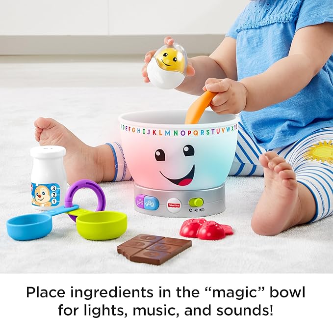 Bundle of Fisher-Price Laugh & Learn Baby Magic Color Mixing Bowl with Pretend Food Music & Lights + Counting & Colors Smoothie Maker Pretend Blender with Music & Lights for Ages 9+ Months