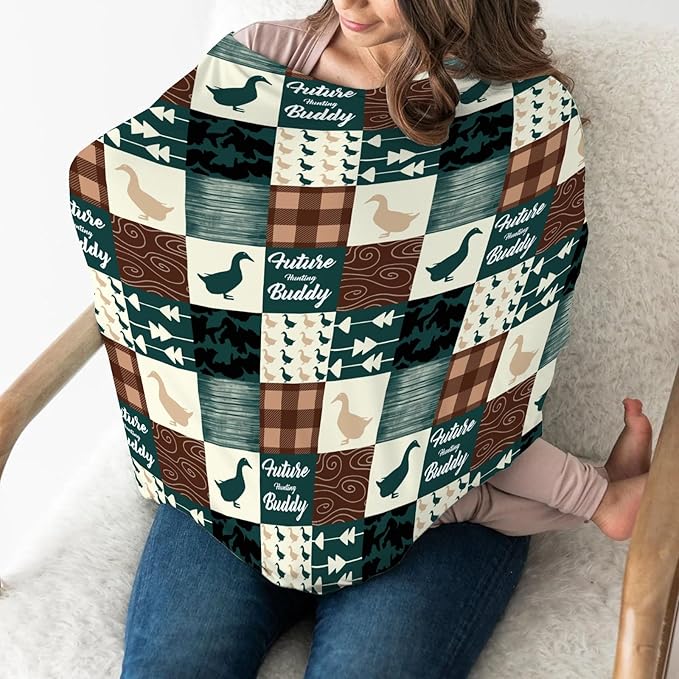 Camouflage Duck Hunting Car Seat Cover for Babies Green Mallard Ducks Plaids Stretchy 5-in-1 Cover Adjustable Car Canopy Cover Wild Ducks Nursery Breathable Nursing Cover-Up
