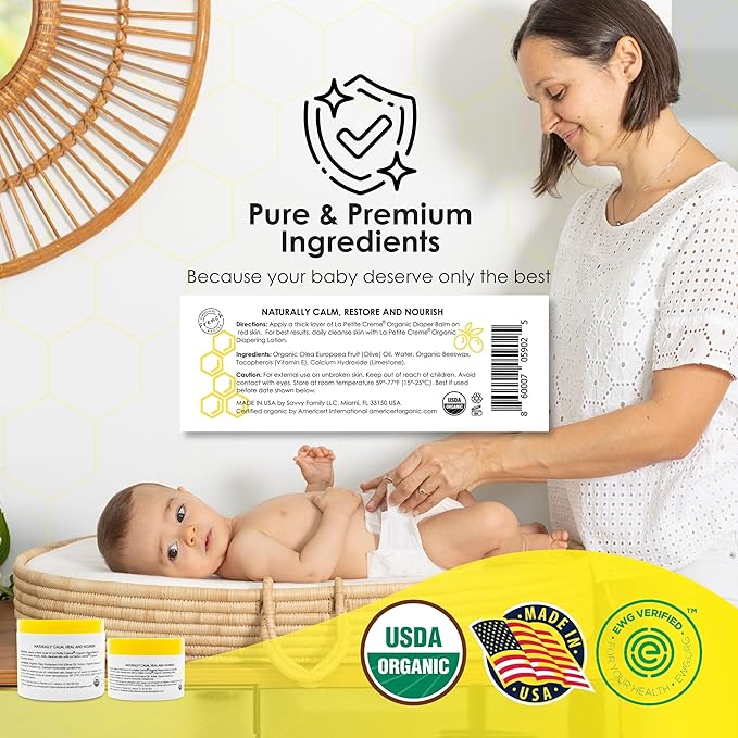 La Petite Creme French Premium Diapering Lotion (20 oz) & Organic Diaper Balm (4 oz) - Healing and Nourishing Diaper Cream, Gentle & Safe Liniment Baby Lotion - USDA & EWG Certified - Baby Essentials