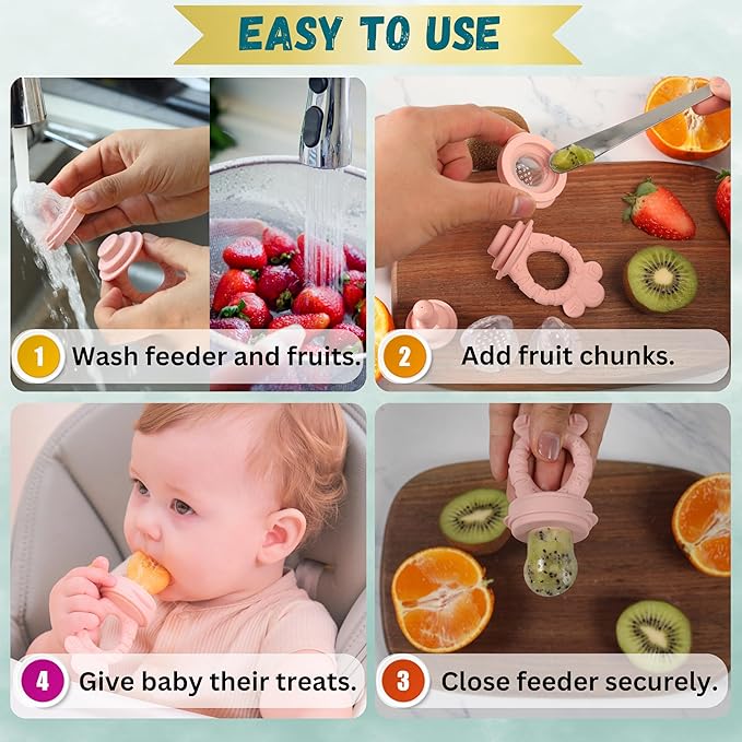 Baby Fruit Feeder Set – BPA-Free Silicone Fresh Food Feeder with 3 Replacement Teats, Teething Feeder for Fruits & Purees, Safe Self-Feeding for Babies 4+ Months