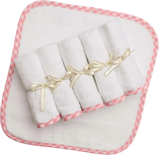 Channing & Yates Premium Hooded Baby Towel + (6 Piece) Washcloth Gift Bundle - Organic Viscose Made from Bamboo Baby Towels - (Pink Gingham Bundle)