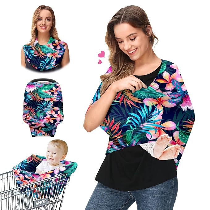Baby Car Seat Stroller Covers Tropical Palm Leaves Nursing Cover Breastfeeding Scarf Soft Breathable Stretchy Coverage Carseat Canopy Cover for Boys and Girls Soft Breathable Multi Use
