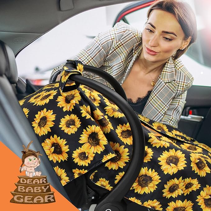 Dear Baby Gear Car Seat Cover for Boys & Girls - Baby Carseat Canopy w/Snap Opening - Infant Seat Cover - Stroller & Nursing Covers - Newborn Carrier Canopy- 40x30(Sunflowers on Black, Black Smooth)