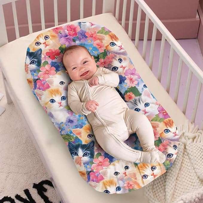 Cat Floral Baby Lounger Covers Soft Lounger Pillow Cover Cute Kittens Newborn Infant Co Sleeping Baby Nest Slipcover 31.5'' x 21.3'' for Home Travel