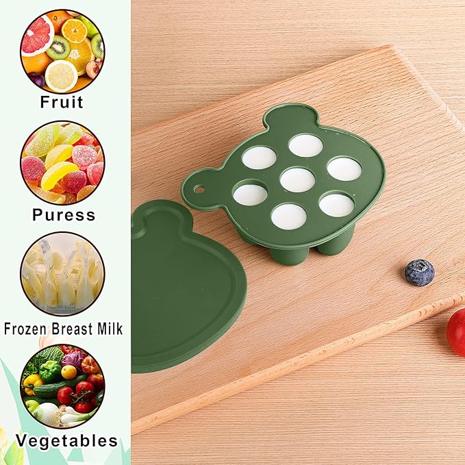 6-in-1 Baby Fruit Feeder Pacifier & Baby Food Feeder Set – Silicone Breastmilk Popsicle Mold with Freezer Tray, Teething Relief Toy, BPA Free Infant Feeder, 3 Sizes (S/M/L) Sacs (Olive Green)