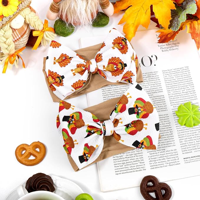 Thanksgiving Fall Baby Girl Bows Turkey Headbands for Baby Girls Waffle Knotted Bows Handmade Infant Headbands 2PCS Autumn Holiday Gifts