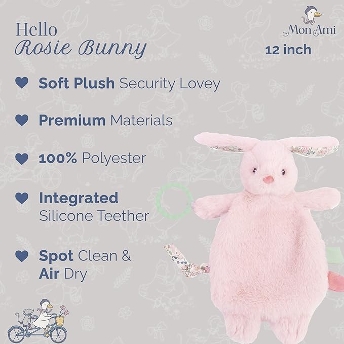 MON AMI Rosie Bunny Security Blanket with Silicone Teether | 12-Inch Plush Lovey for Babies | Soothing Sensory Snuggle Toy | Perfect Newborn Essential for Birthdays & Baby Showers