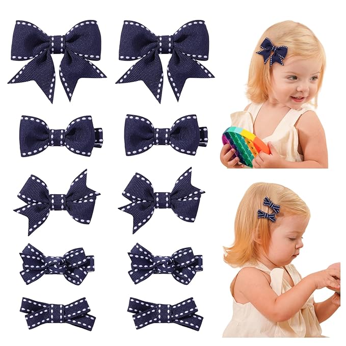 YHXX YLEN Hair Bows for Girls 10 PCS Fully Lined Navy Blue Hair Clips Tiny 2" Grosgrain Stitch Edge Alligator Clips for Baby Girls Infants Toddlers in Pairs